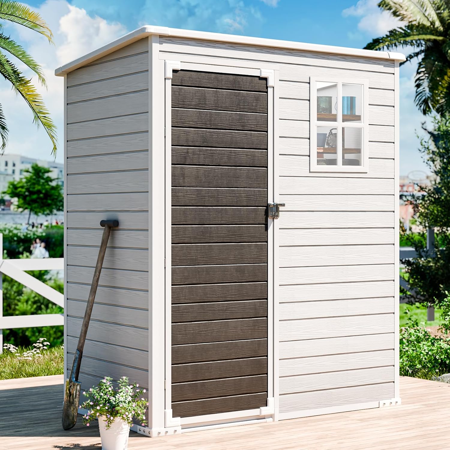 CDCASA 5x3 FT Resin Shed, Waterproof Outdoor Storage Shed with Floor & Lockable Door & Window & Vents Included, Plastic Tool Shed for Outside, Backyard, Patio, Poolside, Gray