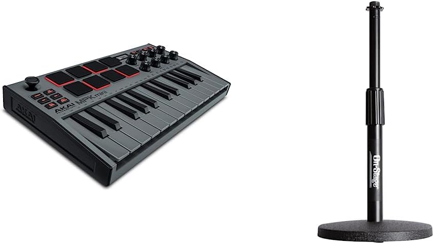 AKAI Professional MPK Mini MK3-25 Key USB MIDI Keyboard Controller With 8 Backlit Drum Pads (Grey) & On-Stage DS7200B Adjustable Desktop Microphone Stand, Black