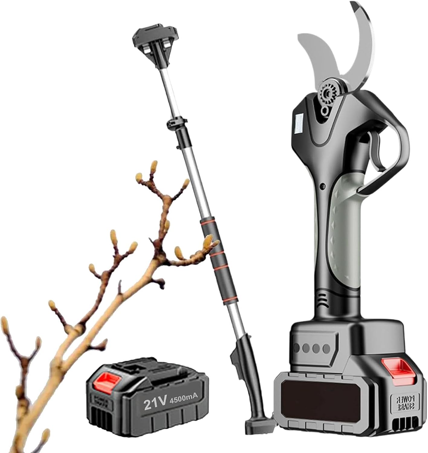 Electric Garden Scissors, Pruning Shears with Extension Pole, Cordless Pruner Tree Trimmer for Gardening, Fruit Trees, 4500mAh,1 Battery