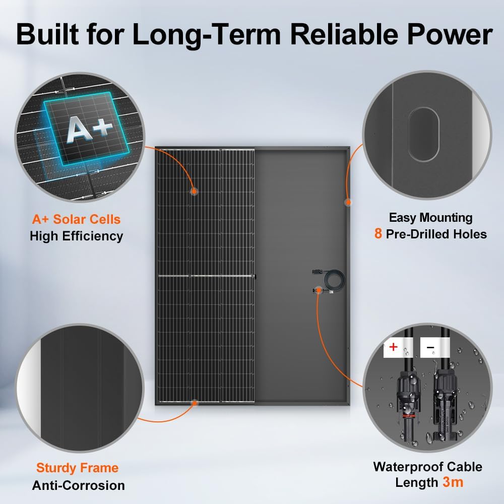 DOKIO 400W Monocrystalline Solar Panel with 31V Voltage, Designed for Charging 12/24V Devices - 3 m Cable, Ideal for Yard/Garden, Shed/Patio/Greenhouse Power, Off-Grid Battery Charging