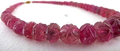 natural pink tourmaline carved round beads necklace 19 inches 11.80 mm to 5 mm