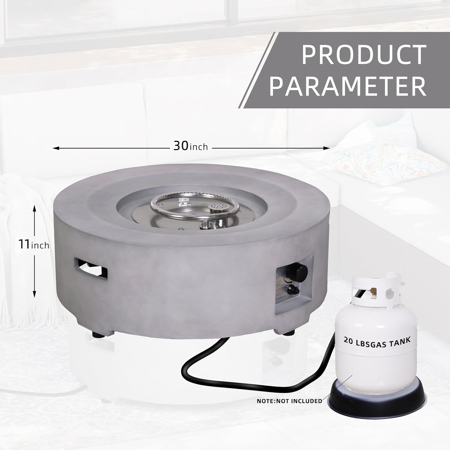 Diameter 30 Inch x 11 Inch Round Faux Concrete Texture Propane Gray Fire Pit with PVC Weather Cover