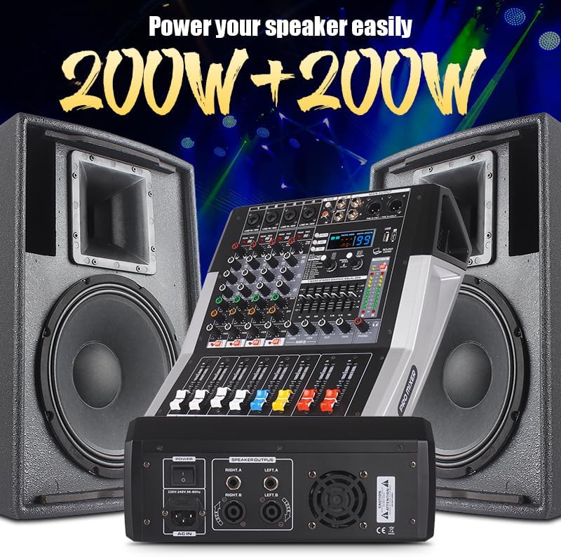 TF400 4-Channel Professional Audio Mixer with 99 DSP Sound with 7 Band Equalizer 4 Ohm 2 * 250 Watt Output +48V Bluetooth Power Amplifier for Recording DJ Stage/Karaoke (TF400)