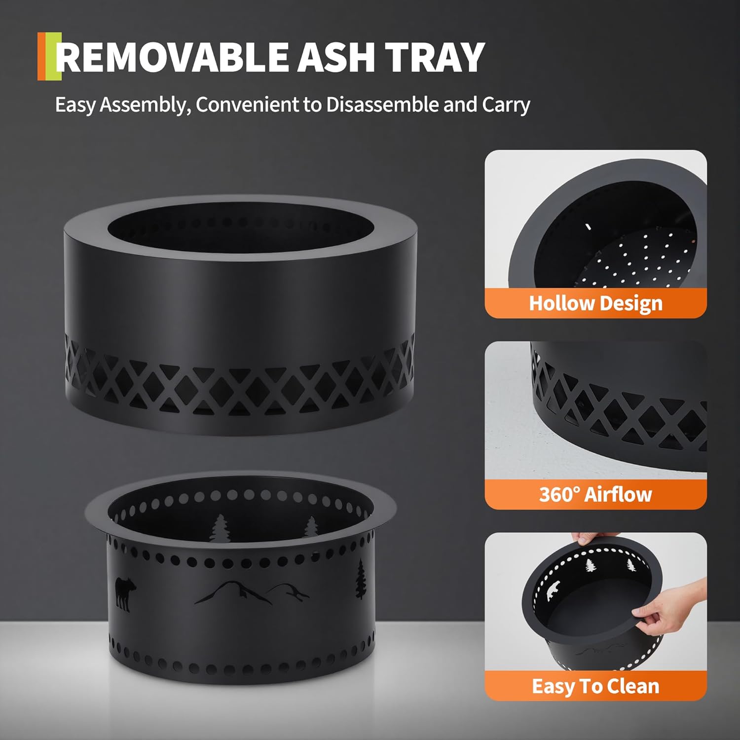 Smokeless Fire Pit 19in Wood Burning Firepit Table - Removable Ash Pan & Dust Bag Included - Outdoor Fireplace for Patio, Camping, Bonfire, Backyard BBQ