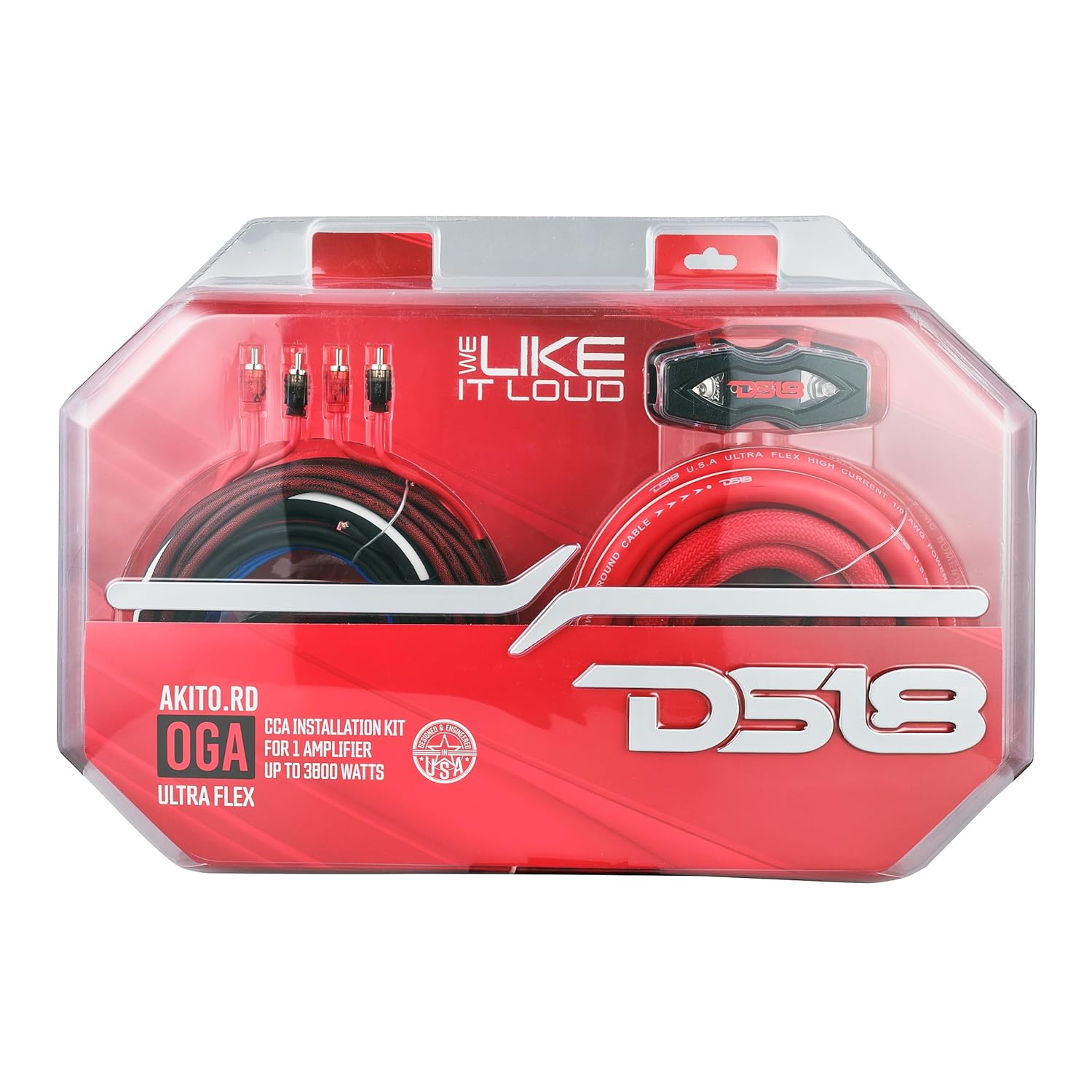 DS18 AKIT0.RD 0-GA Amplifier Installation Wiring Kit with Fuse Holder 250A, Up to 3500 Watts RMS, Ultra Flex Wire, Amp Wire Kit, Amp Wiring Kit 0 Gauge - Red