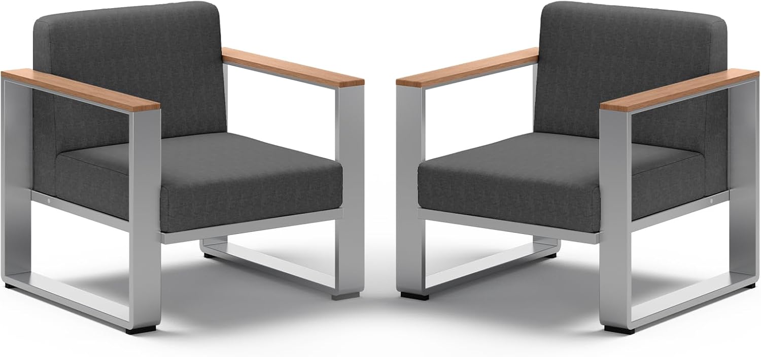 Aluminum Outdoor Patio Furniture,2 Pieces Armchairs, All-Weather Outside Single Sofa for Deck, Porch (Teak-Charcoal)