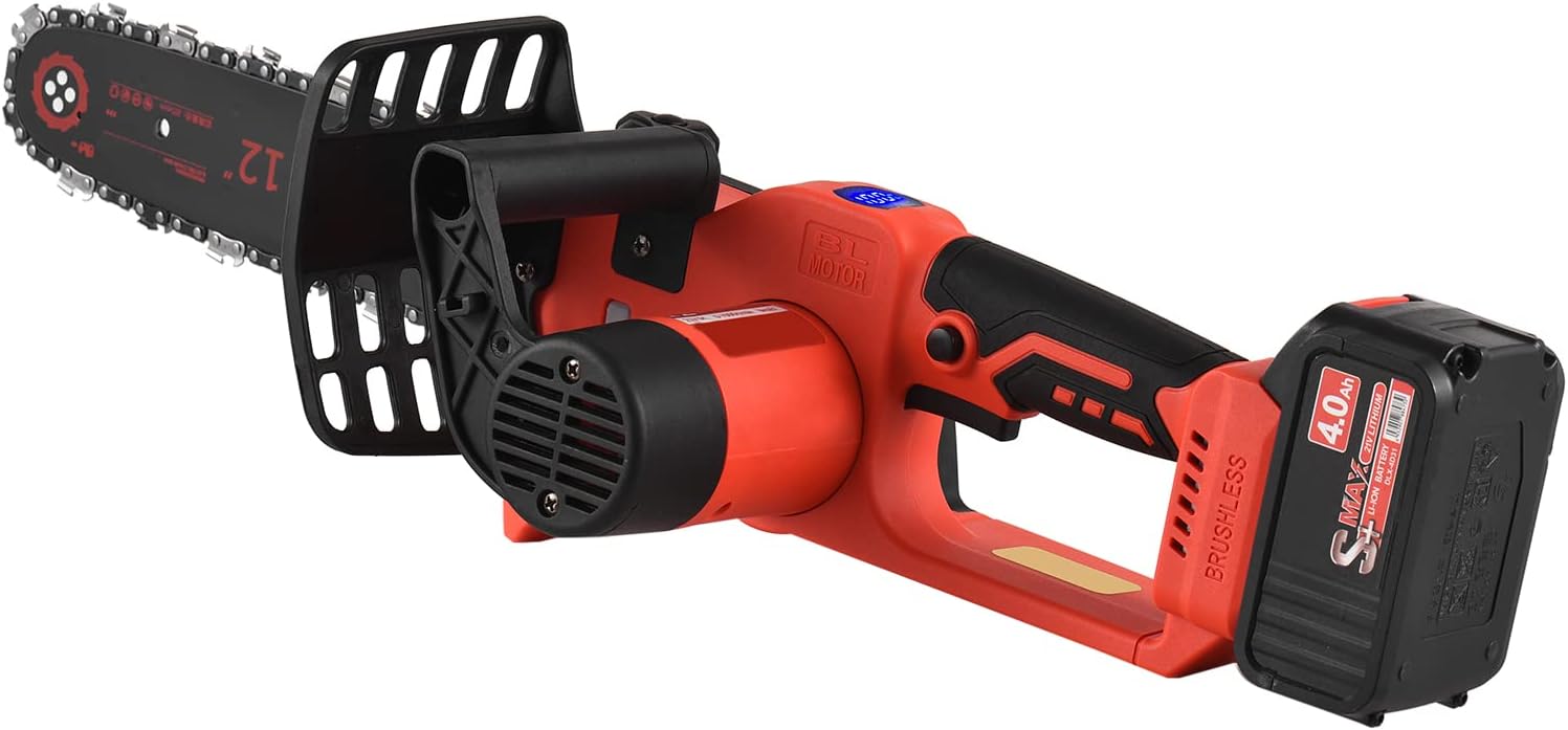 21V Brushless Mini Cordless Chainsaw 12-inch Electric Chain Saw Handheld Pruning Saw 4.0Ah Reable Battery Fast Powered Tree Branch Pruner Pruning Shears Garden for Tree Trimming