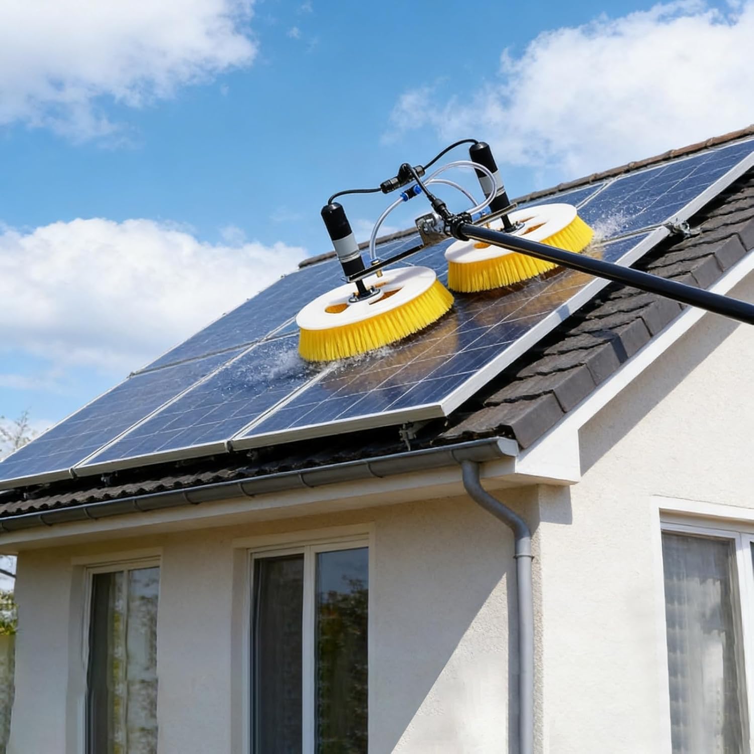 Solar Panel Cleaning Machine, Industrial Dual Head Automatic Rotating Brush, Comes with Complete Telescopic Pole Kit, Dual Power Option for Mains and Battery Operation(5m,Mains Electricity)