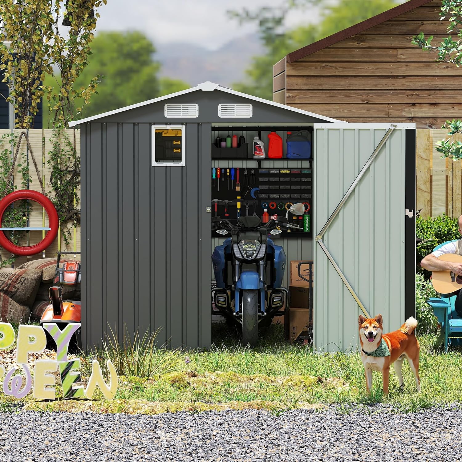 6x8FT Multi-Purpose Outdoor Storage Shed with Lockable Doors - Weatherproof Utility House for Garden Tools, Lawn Mowers, and Bicycles, Gray Finish at Garden, Backyard, Patio (Dark Gray)