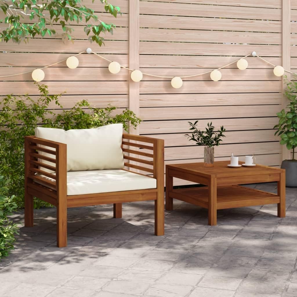 2 Piece Patio Sofa Set with Cream White Cushions Acacia Wood,Acacia Wood Patio Sofa Set: YearRound Comfort for Outdoor Living Patio Furniture Sets, Conversation Sets