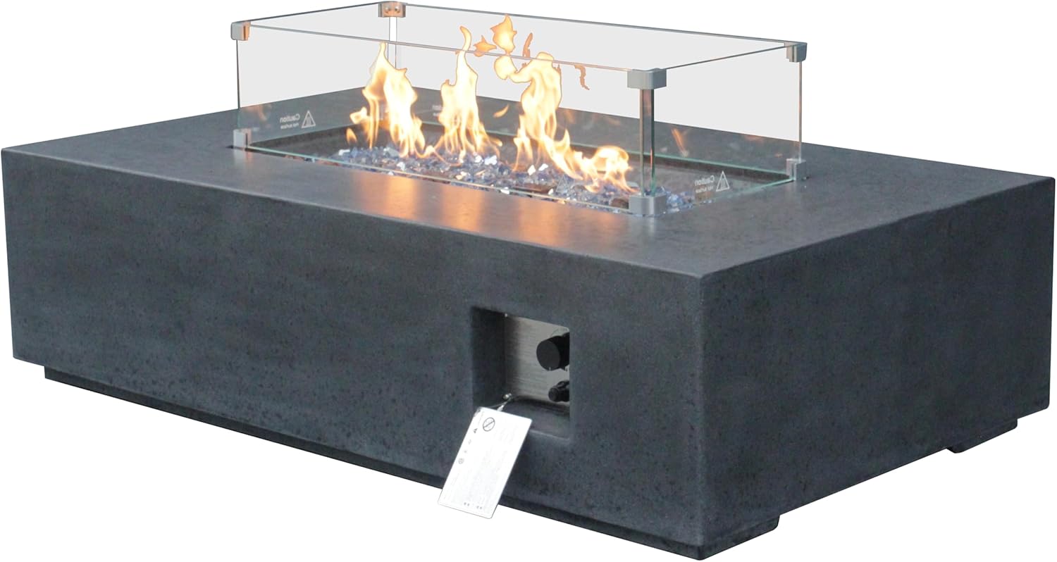 52 Inches Outdoor Concrete Propane Fire Pit Table – Dark Gray & Black Rectangle Design for Patio, Living Room with 1 Door (Black + Gray) (1 Doors)