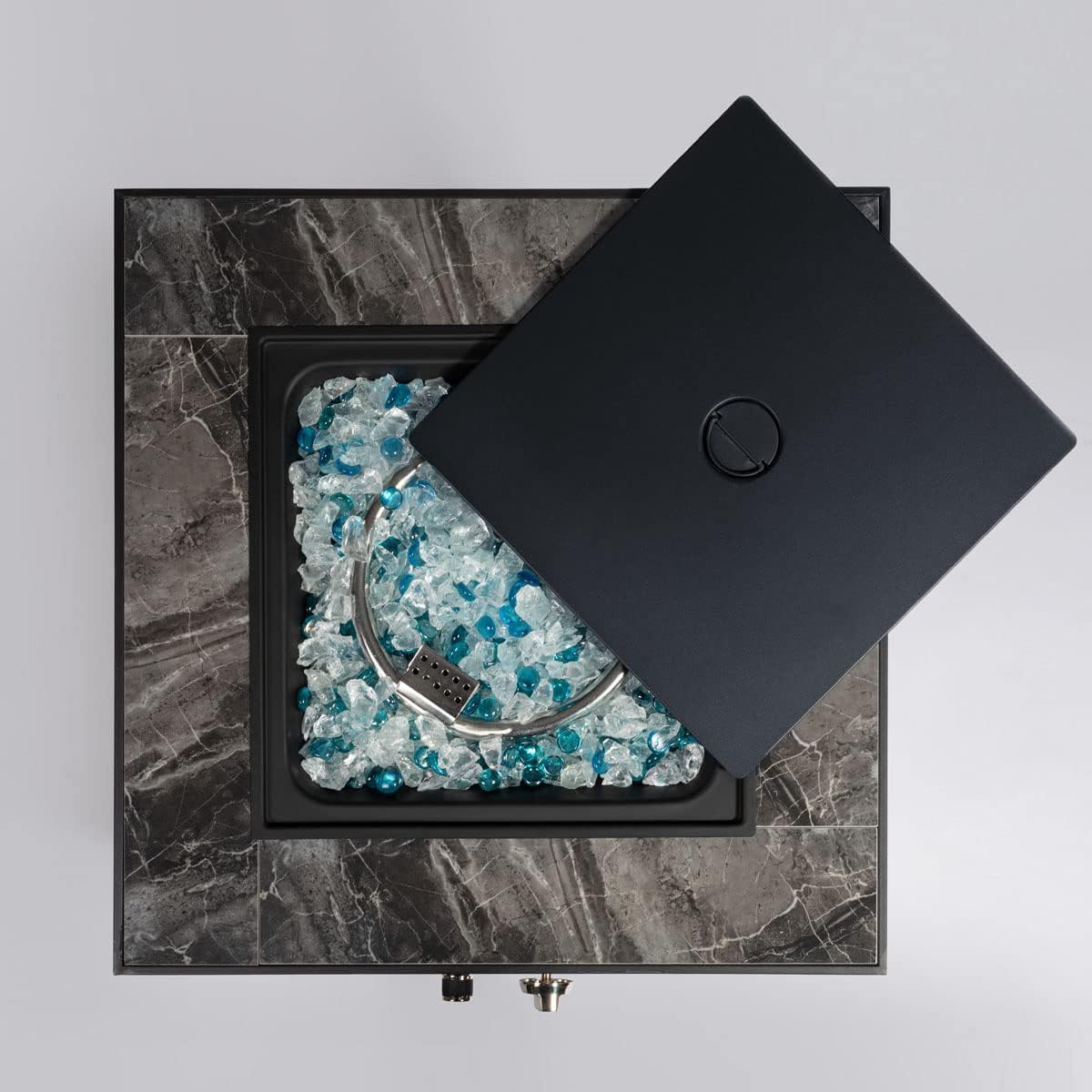 40,000 BTU Outdoor Propane Fire Pit Table with Auto-Ignition - Tempered Glass Wind Guard, Marble Tile Surface, Mixed-Color Fire Glass Rocks & Weather-Resistant Brown PE Rattan