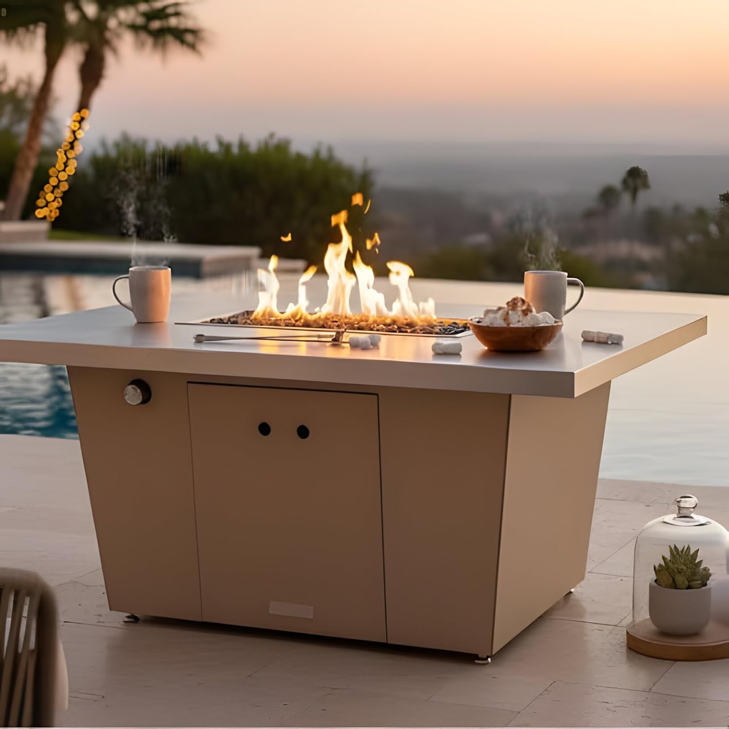 COOKE Palisades Rectangular Fire Pit Table - 52x36 - Chat Height - Propane - Brushed Aluminum Top with 3cm Edge - Grey Texture Powdercoat Base