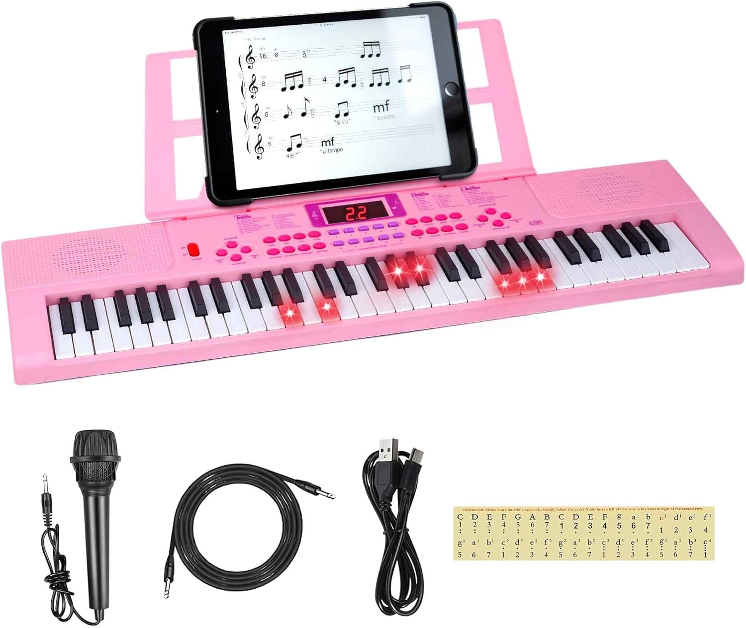 Kids Keyboard Piano, 61 Light-up Key Electric Piano Musical Learning Toy for Beginners with Microphone, Music Stand, Notekey Sticker, Birthday Xmas Gift for 3-10 Years Old, Pink