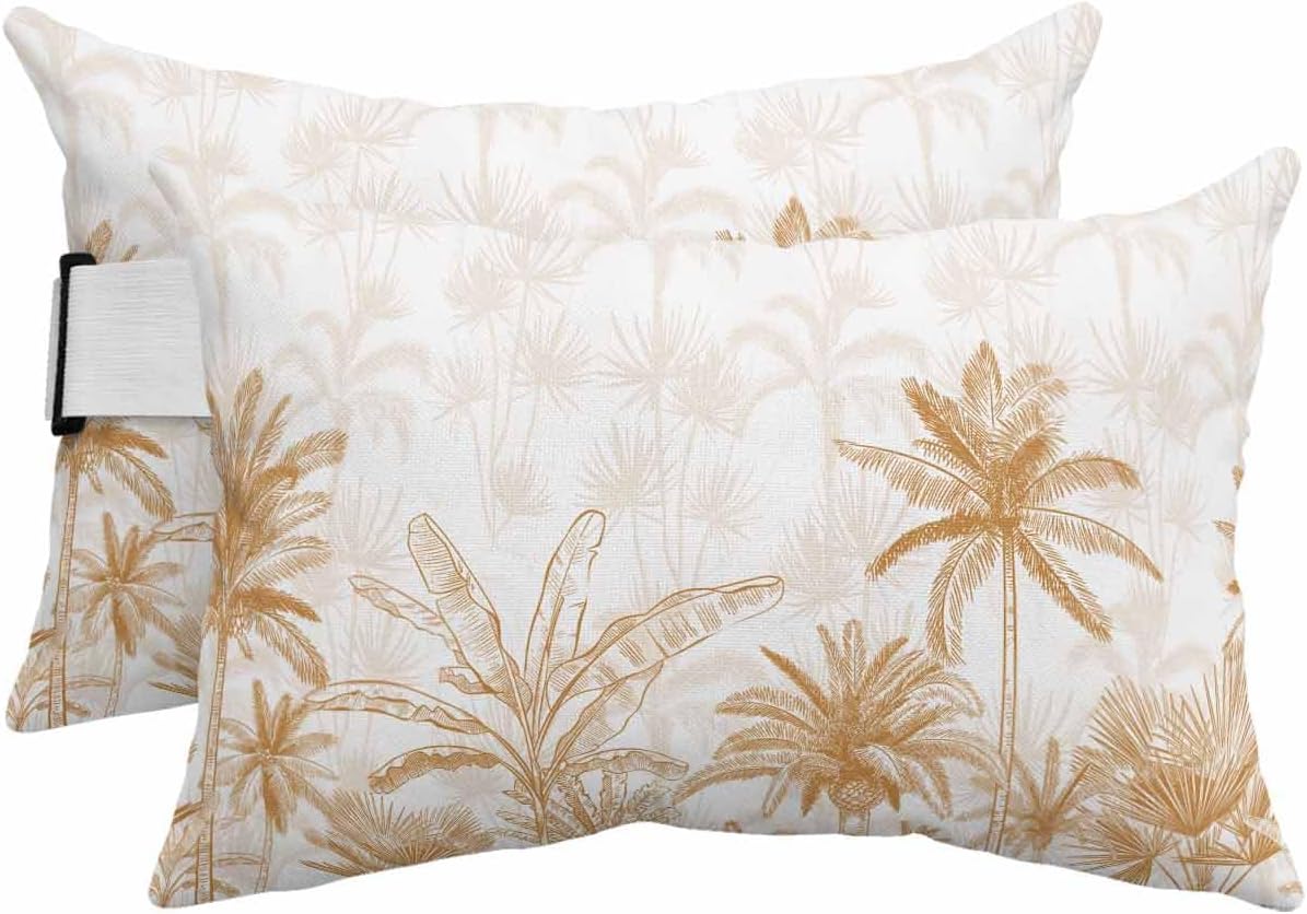 Outdoor Pillow for Chaise Lounge Chair Brown Palm Leaves Waterproof Lumbar Pillow with Insert Tropical Plant Headrest Pillow with Adjustable Elastic Stripe for Recliner Beach Garden Patio 12x20 Inch