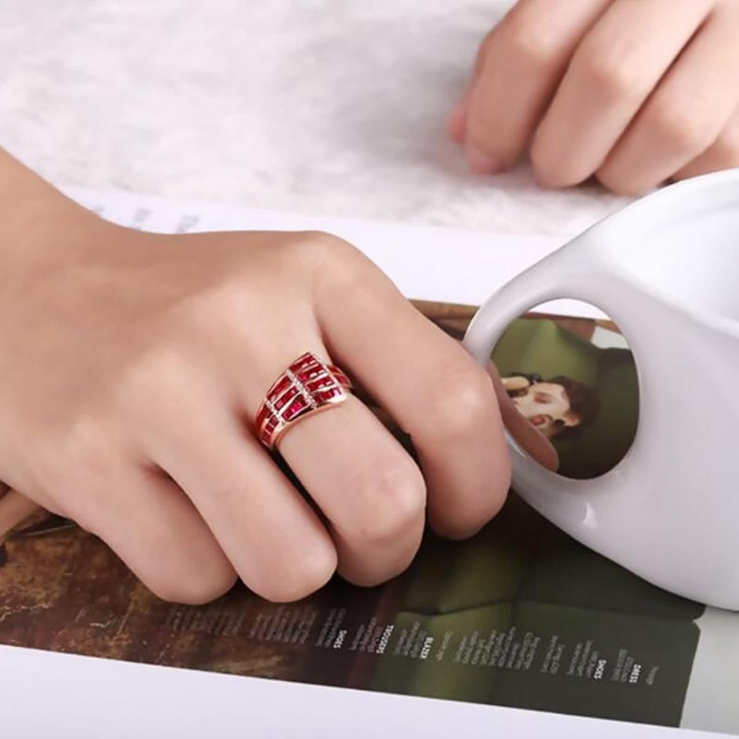 18K Yellow Gold Ring for Women, Wedding Bands Unique Lab Created Ruby Drill Row Yellow Gold Ring with Moissanite for Mother