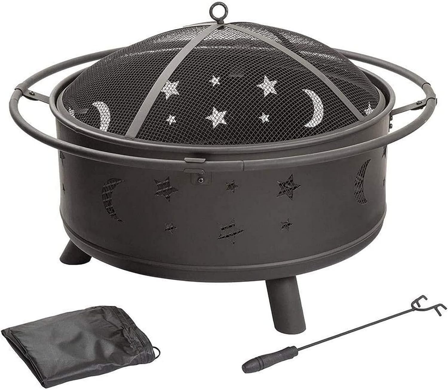 Garden Fire Pit Grill Bowl Grill Barbecue Rack Fire Pit with Grill Shelf, Outdoor Metal Brazier Star Moon Shape Garden Patio Heater Camping Bowl with Grill, Mesh Lid, Grate, Star Moon