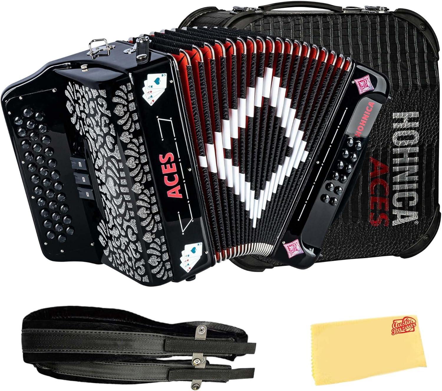 Hohner Hohnica Aces II 34-Button Accordion with 3 Registers - EAD Bundle with Gig Bag, Adjustable Straps, and Austin Bazaar Polishing Cloth