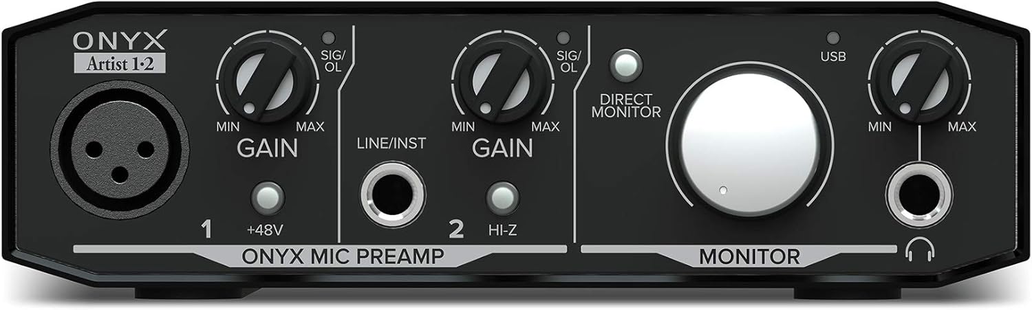Mackie Onyx Artist 1.2 2x2 USB Audio Recording Studio Interface Bundle with Rockville PRO-M50 Studio Headphones, RCM03 Pro Recording Condenser Mic and ROCKSHIELD 3 Mic Isolation Shield