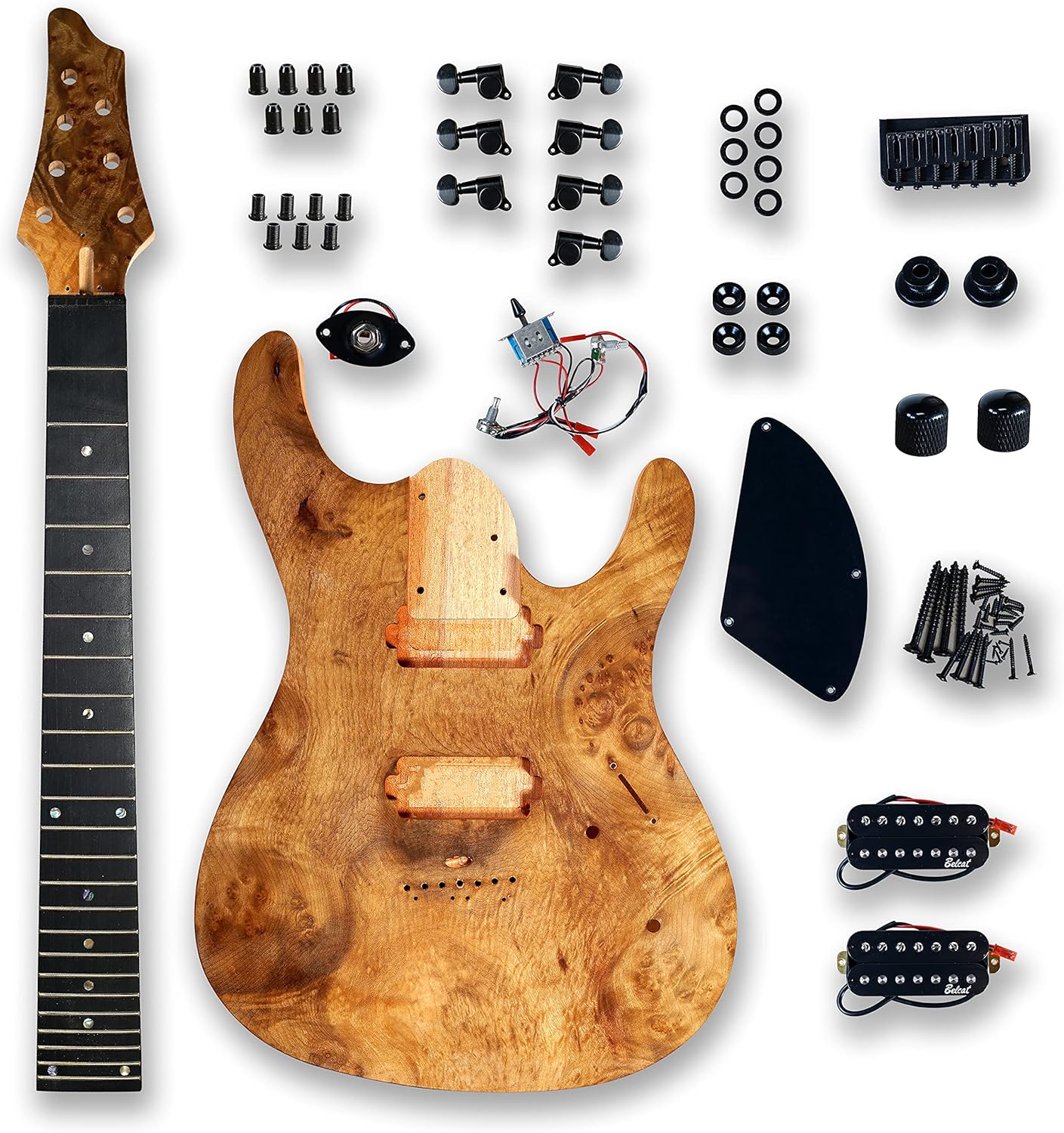 BexGears DIY 7 String Electric Guitar Kits Burl poplar veener top okoume Body maple neck & composite ebony fingerboard You Build The Guitar