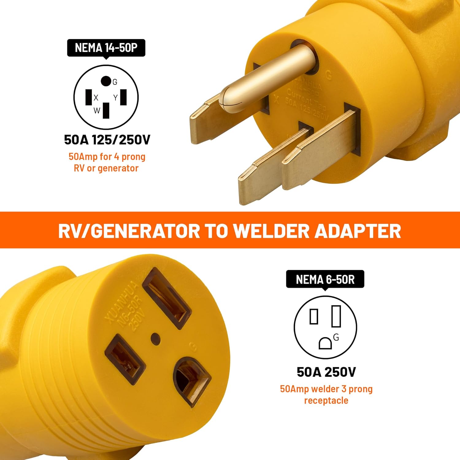 MECMO 50 Amp Y Splitter Adapter Cord for RV EV, 4-Prong 250-Volt NEMA 14-50P to x2 NEMA 14-50R 50A Generator Splitter, Nema 14-50P to 6-50R Welder Adapter 50 Amp 4 Prong Generator to 3 Prong Welding