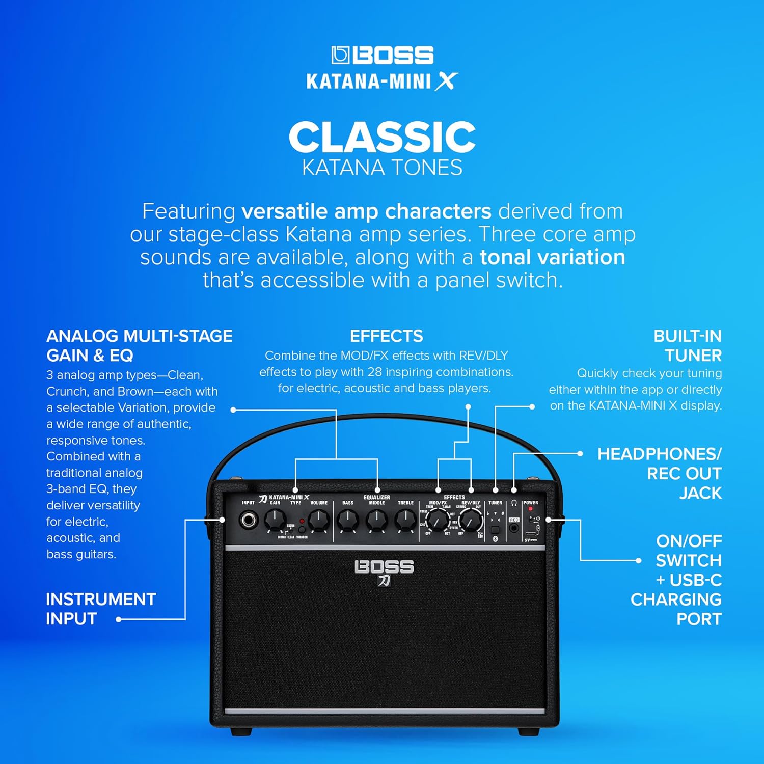 BOSS Katana-Mini X | Powerful 10-Watt Mini Amplifier for Electric, Acoustic & Bass | Tube Logic Design | Custom 5” Speaker | Versatile Sounds & Dual Effects | Bluetooth | Built-in Rechargeable Battery