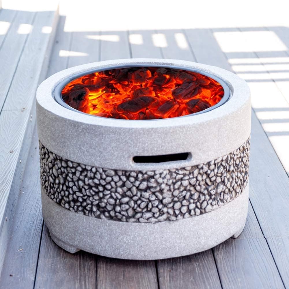 Outdoor Fire Pit Bowl & Grill Round Shaped, 55 cm Edging of Artificial Stone for Outside Patio, Decking, Lava Rocks