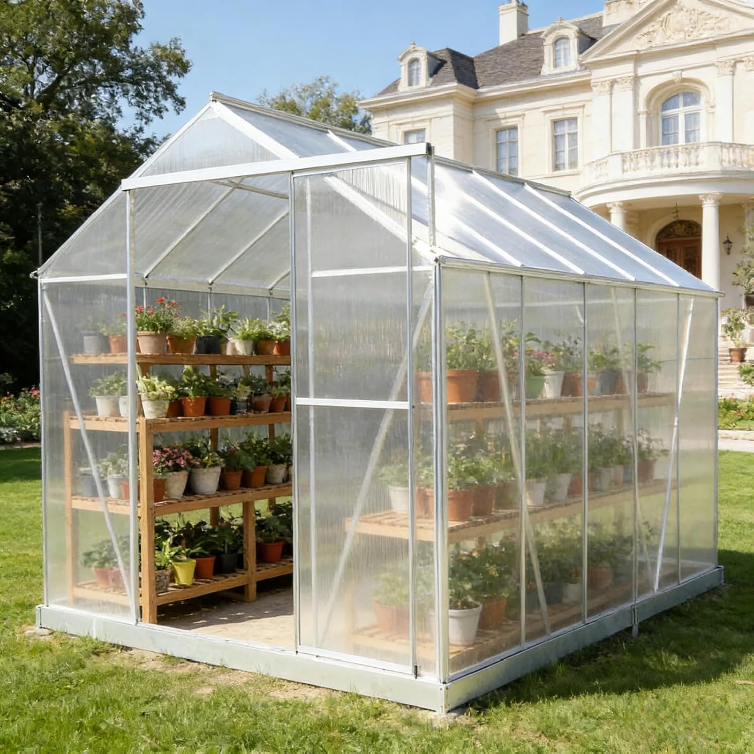 6x10 FT Greenhouse, Walk-in Polycarbonate Greenhouse, Heavy Duty Aluminum Outdoor Green House Kit with Sliding Door, Roof Vent, Rain Gutter for Backyard Garden All Season Growing, Sliver