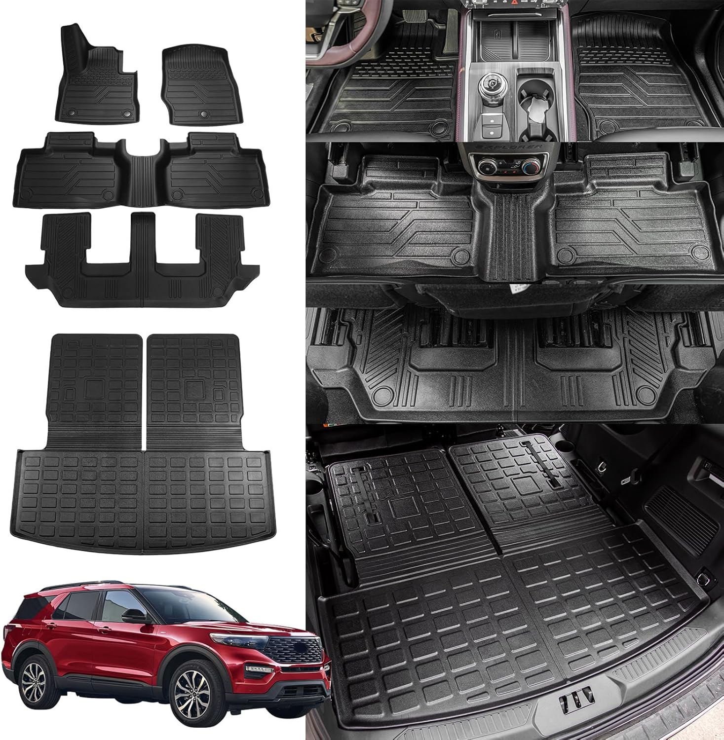 Rongtaod Floor Mats Compatible with 2020-2025 2026 Ford Explorer 7 Seats Cargo Mat Cargo Liner Trunk Liner Back Seat Cover Protector 2024 Explorer Accessories (Trunk Mat with Backrest Mat+Floor Mats)