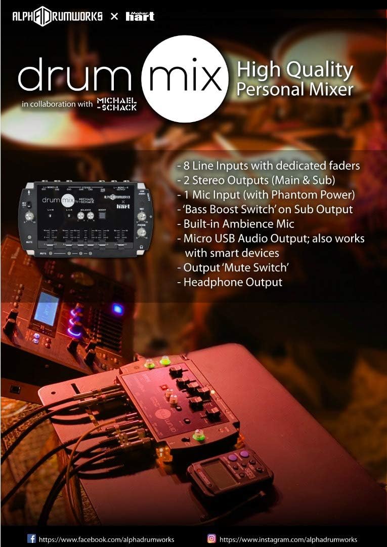 Maker hart Drum Mixer Compact 6 Ch Multitrack Audio IN/3.5mm Stereo/6.3mm Mono L/R/Mic IN/USB Audio out/Build in MIC