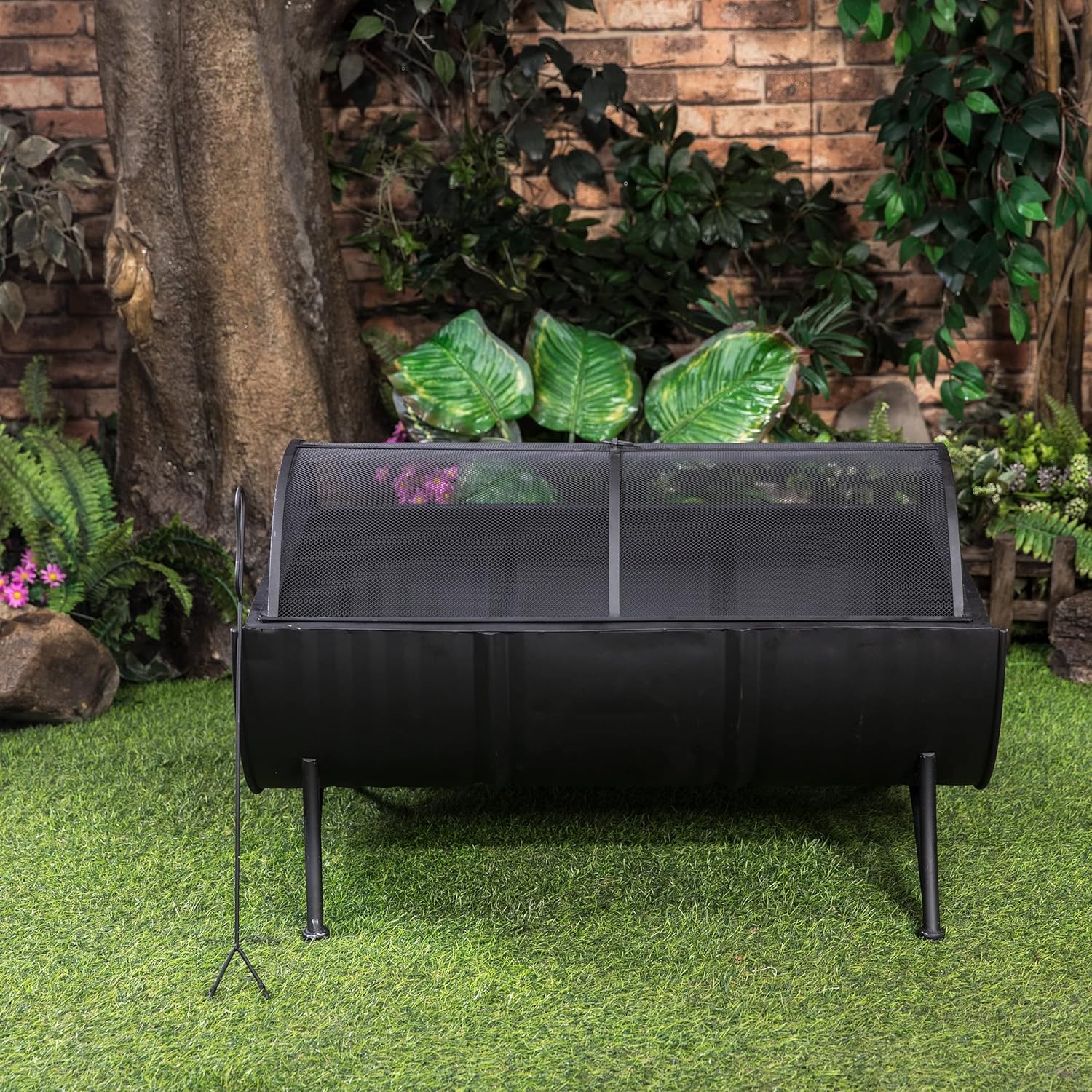 35-Inch Large Oval Barrel Wood Burner Firepit Patio Firebowl for Outside Use - Outdoor Wood Burning Fire Pit with Spark Screen and PVC Cover Protector, Black