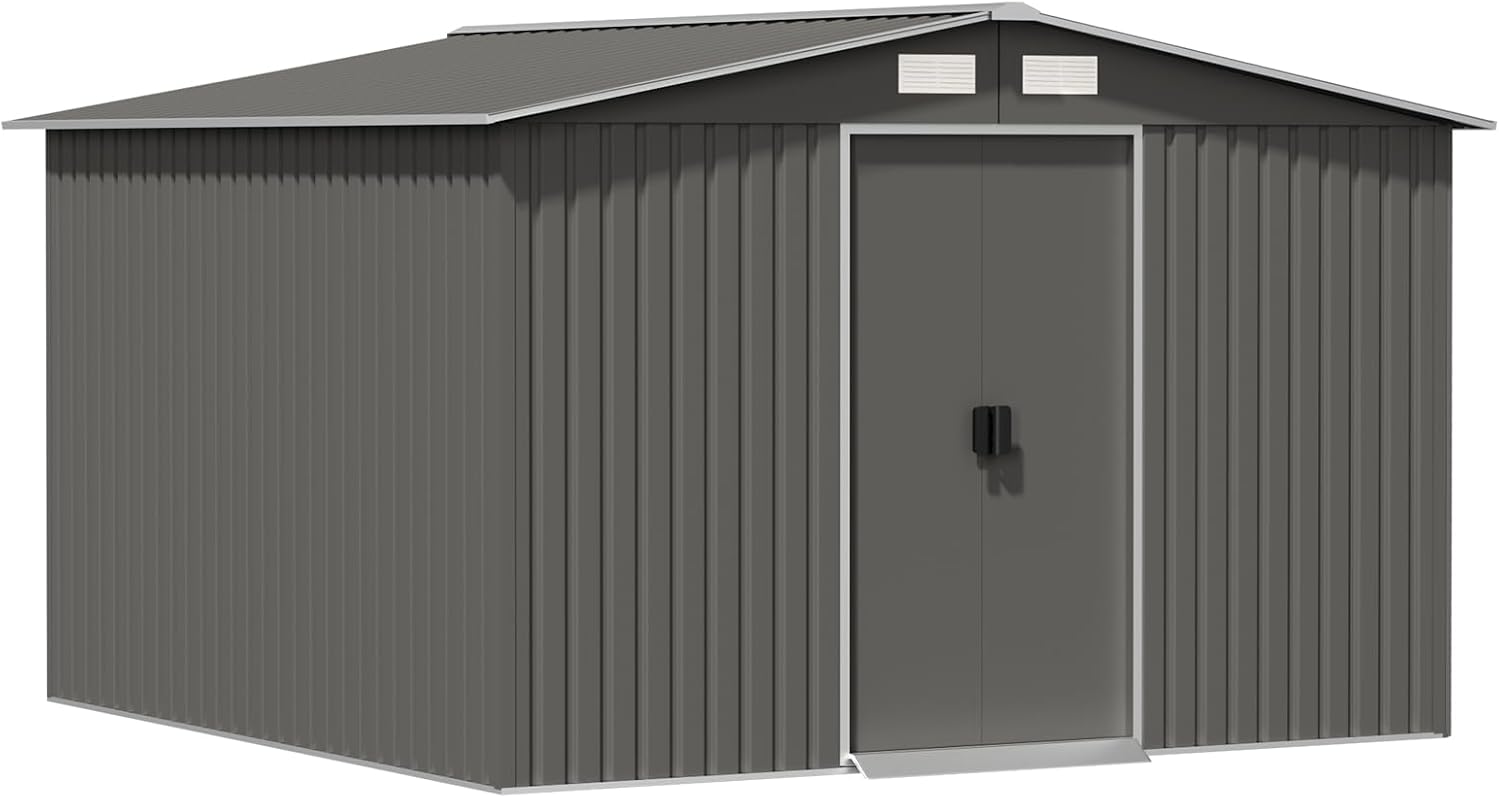 10' x 10' Outdoor Storage Shed, Garden Tool Shed with Double Sliding Door and Sloping Roof, Metal Shed House for Backyard Patio Lawn to Store Utility and Tools, Gray