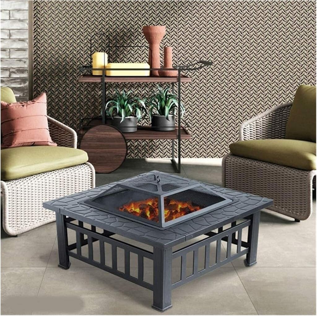 Fire Pits Outdoor Wood Burning Outdoor Fire Pits Heavy Duty Metal Square Patio d Firepit Table with Spark Screen Cover Log Grate and Poker with Cover BBQ Cooking for Outside Camping