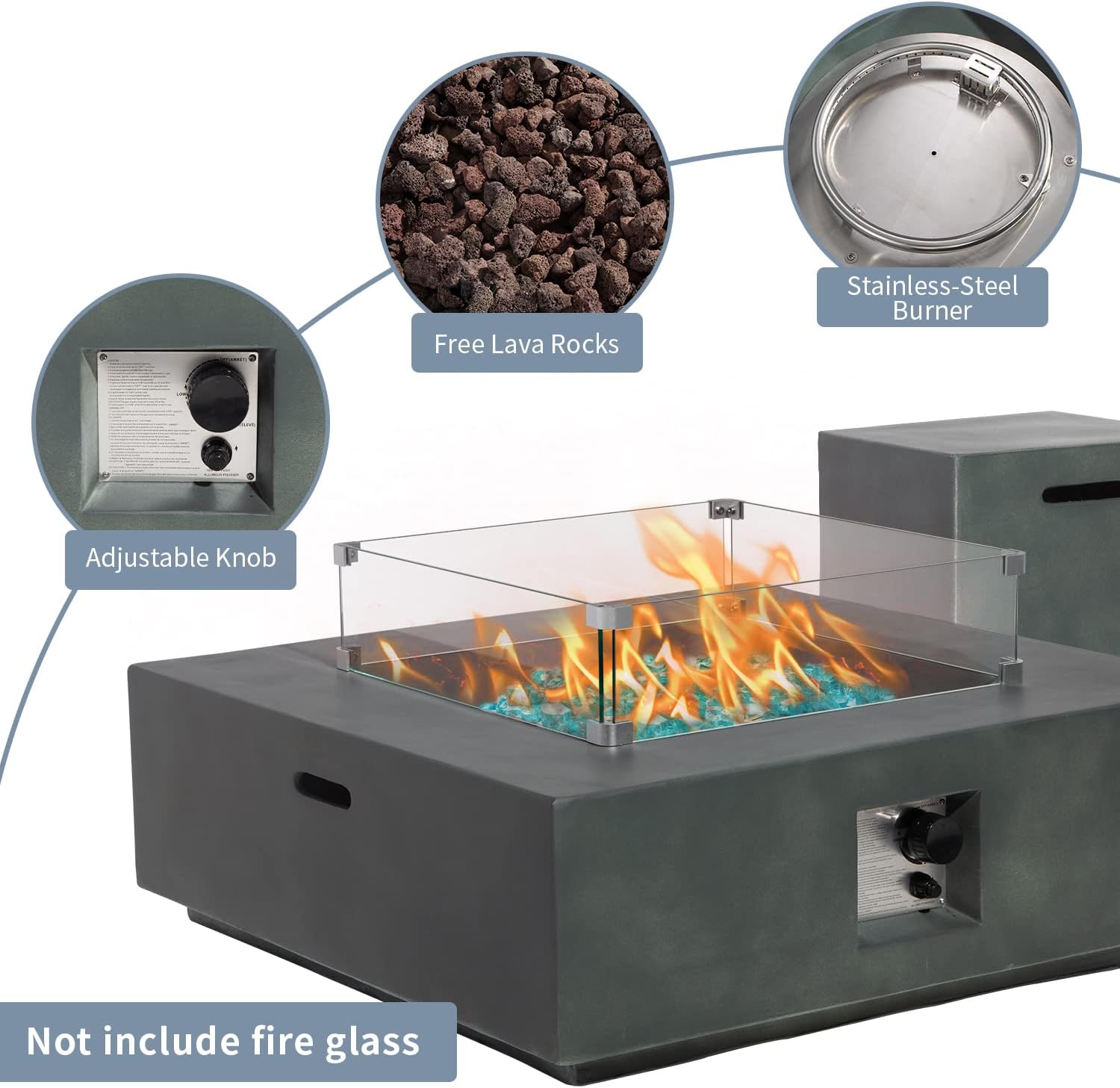 SUNBURY Outdoor Propane Fire Pit, Square Dark Green Gas Fire Pit 50,000 BTU, Fire Pit Table w 20 Gallon Tank Cover, Glass Wind Guard, Waterproof Cover, Without Fire Glass