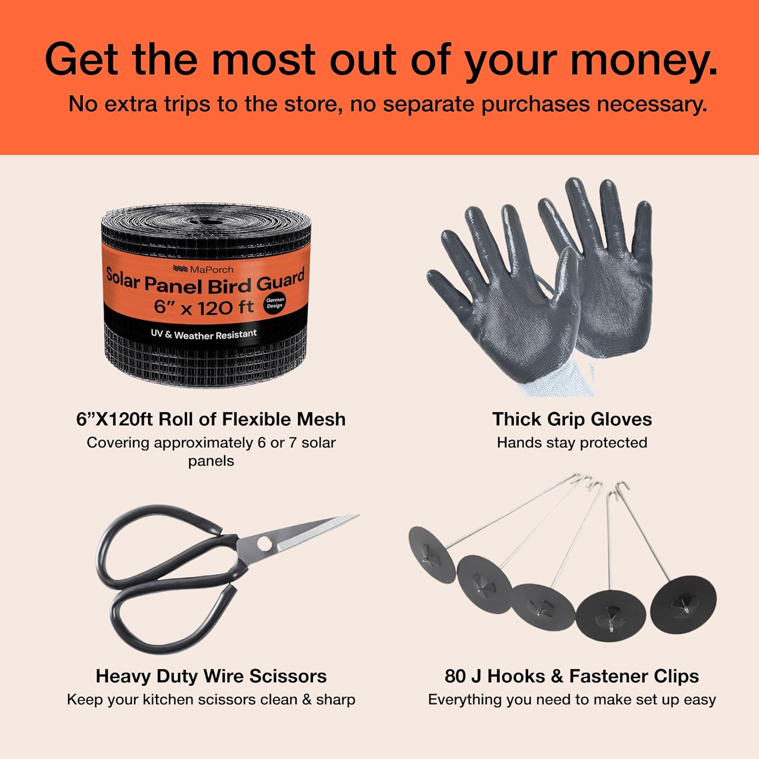 MaPorch Solar Panel Bird Guard Mesh Screen - 6 in x 120 ft Black PVC Coated Galvanized Steel - Solar Panel Netting Mesh - Includes 80 Clips, Scissors & Gloves for Easy DIY Install