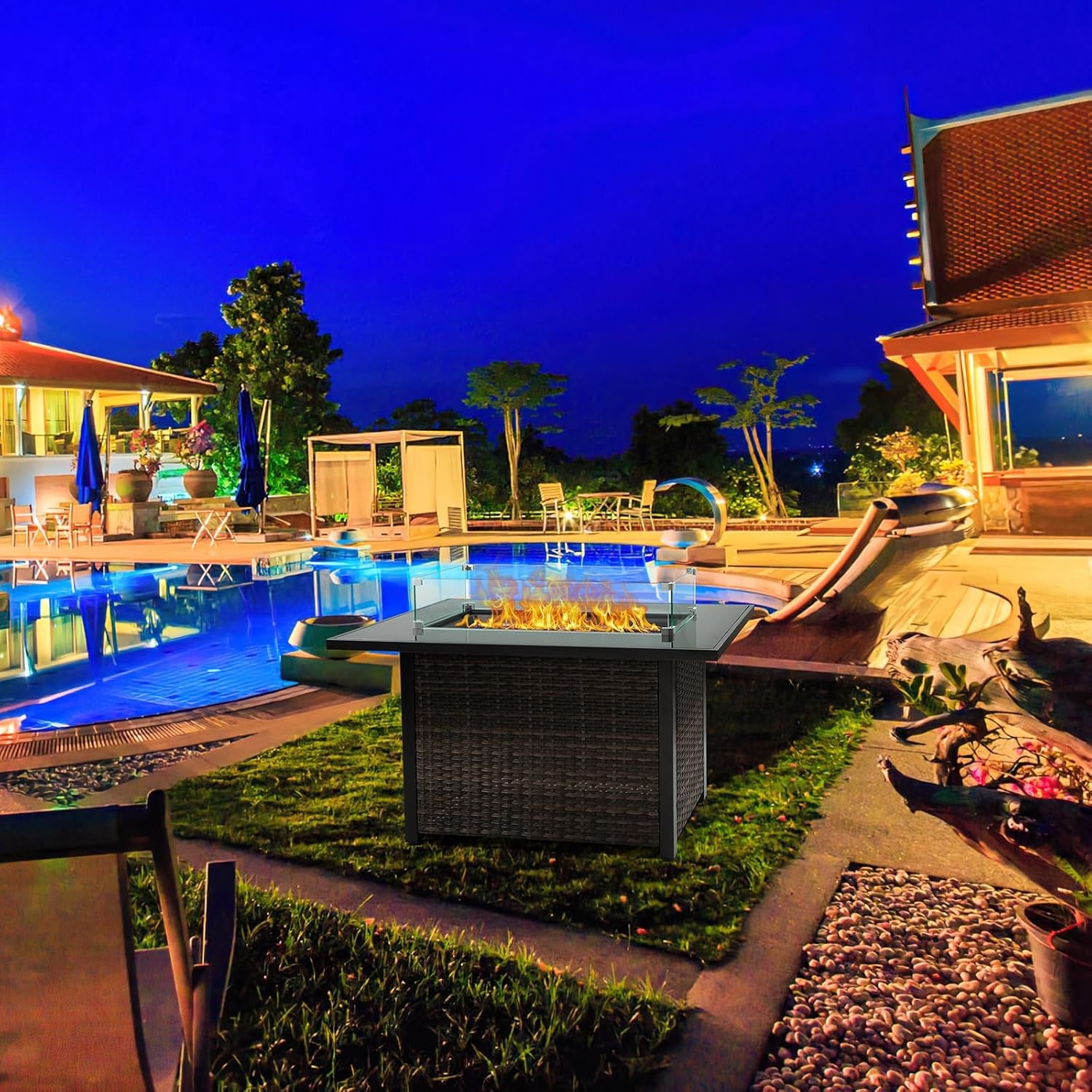 Outdoor Fire Pit 50,000 BTU Propane Gas Fire Table with Lid Fireplace Glass Wind Guard Wicker Base for Garden Patio Backyard