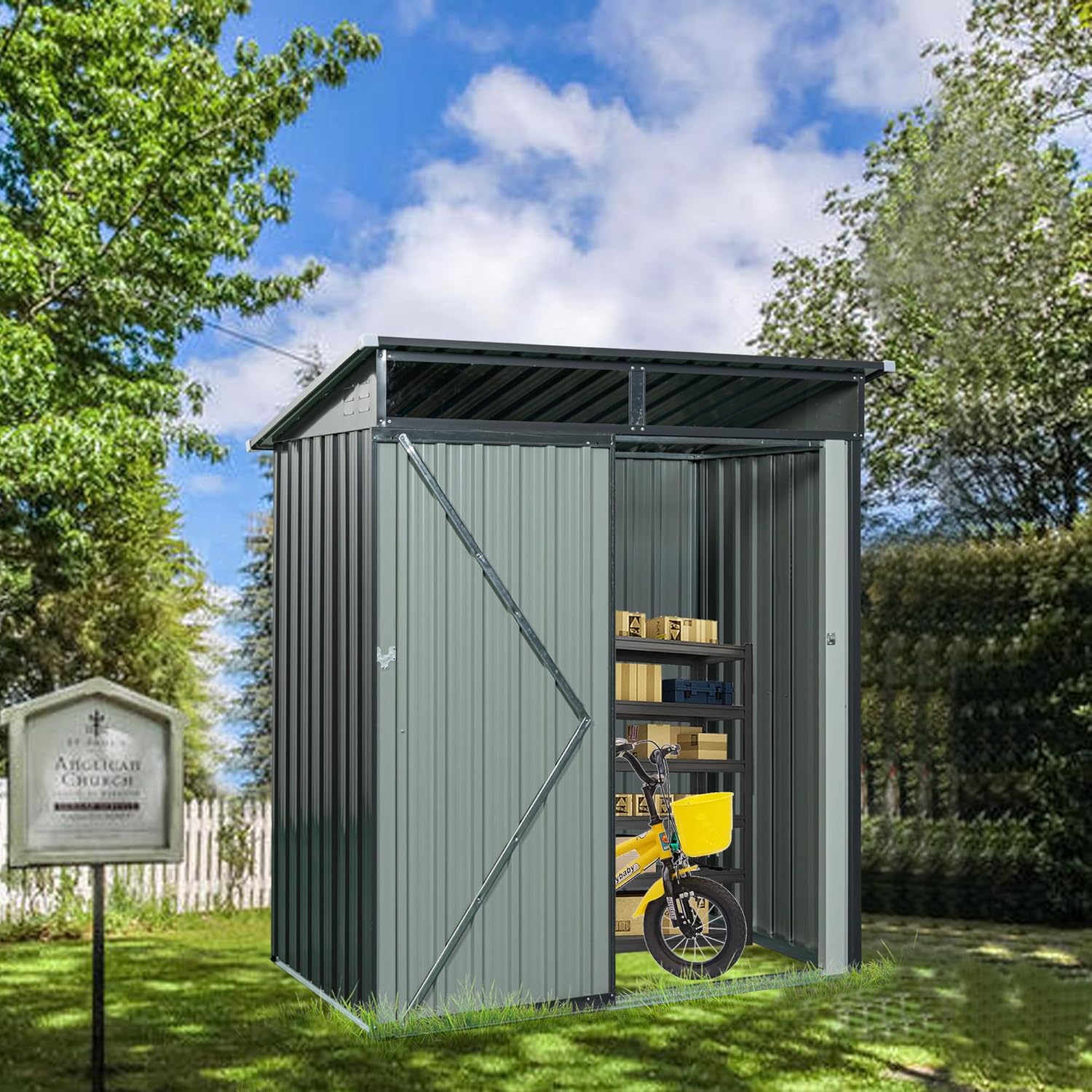 Outdoor Metal Storage Shed Galvanized Steel Lean-to Garden Tool House with Sloped Waterproof Roof,Translucent Skylight Panel,Air Vents,Hinged Lockable Door,Backyard Equipment Organizer (Grey,5x3FT)