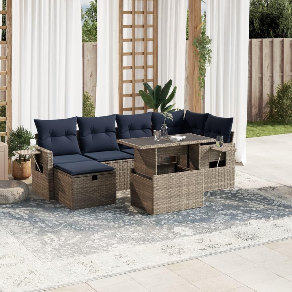 7 Piece Garden Sofa Set, Grey Poly Rattan Outdoor Furniture with Adjustable Table, UV-Resistant Patio Dining Set, 110 kg Capacity