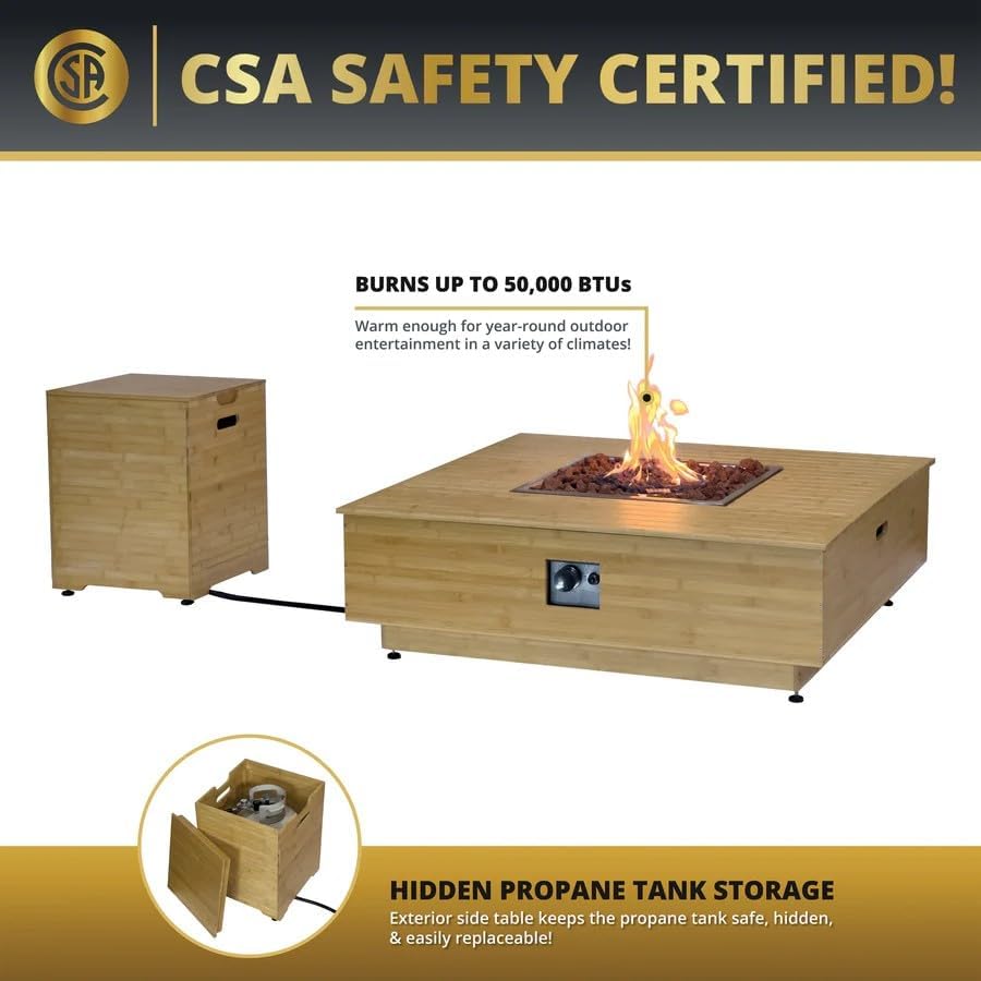 43-Inch Outdoor Propane Square Fire Pit Table, Super Stable Wood Frame 50,000 BTU CSA Certified Smokeless Firepit Table, Includes Side Table Weatherproof Cover Lava Rock for Families, Deck, Backyard