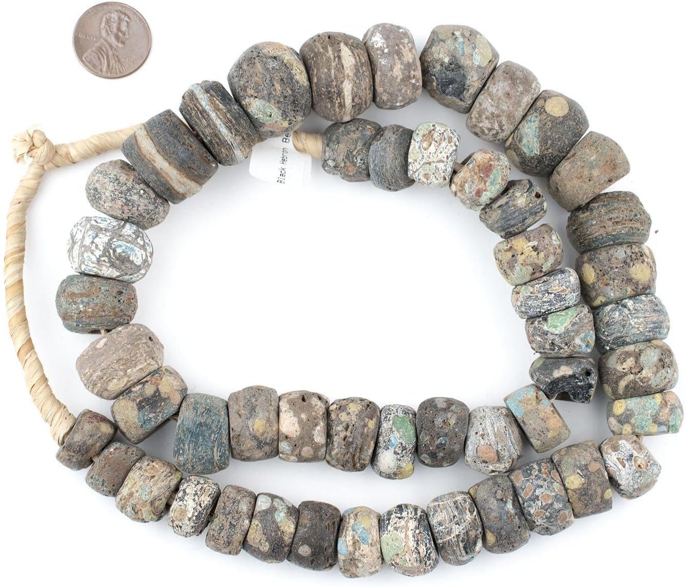 The Bead Chest Antique Black Hebron Kano Beads Natural 18mm West Africa African Cylinder Glass Large Hole 26 Inch Strand Handmade