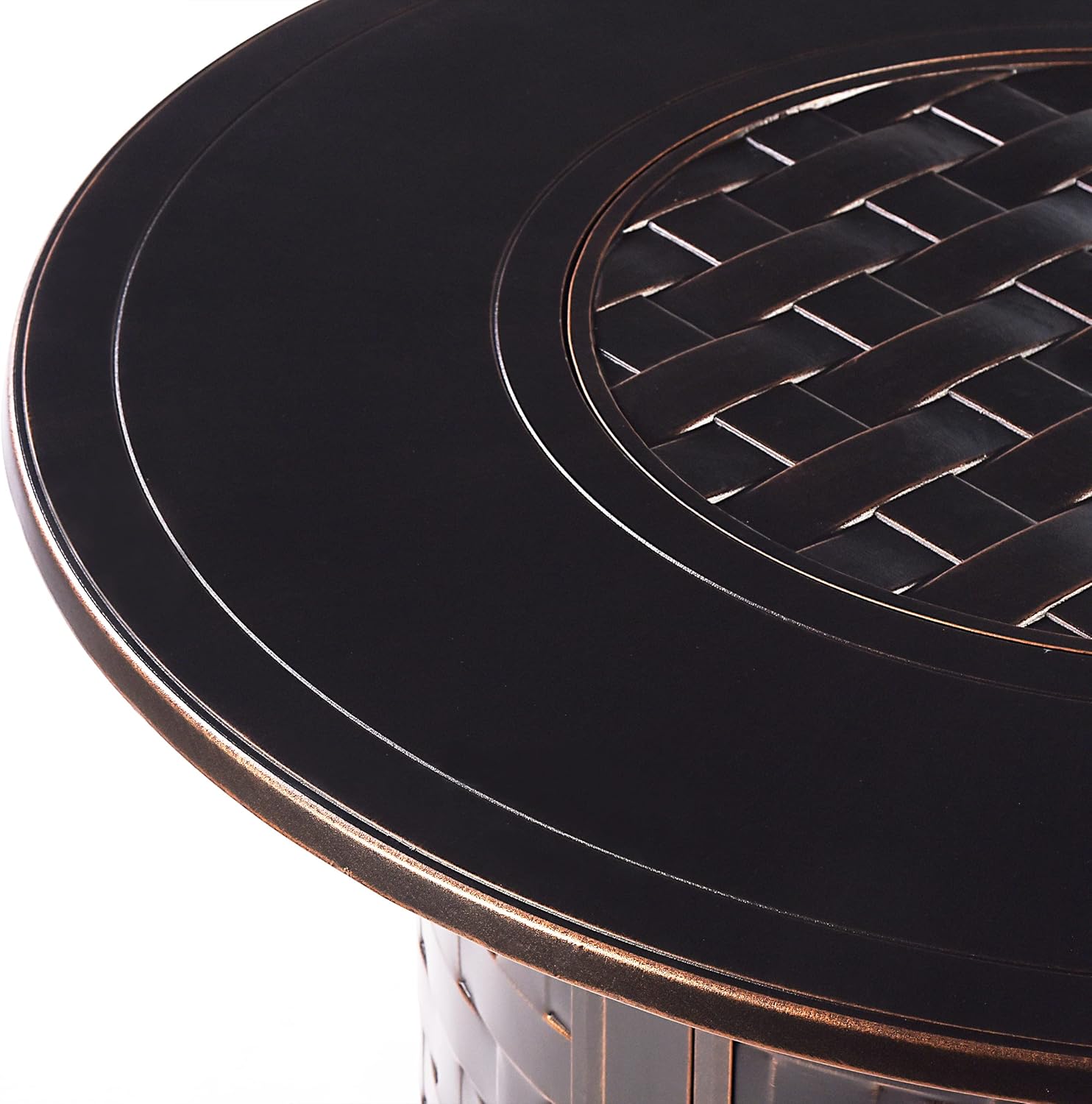 Aluminum 57,0000 BTU 44 in. Round Propane Black Fire Pit Table with Fire Beads, Lid, Propane Tank Cover and Table Fabric Covers in Copper Finish