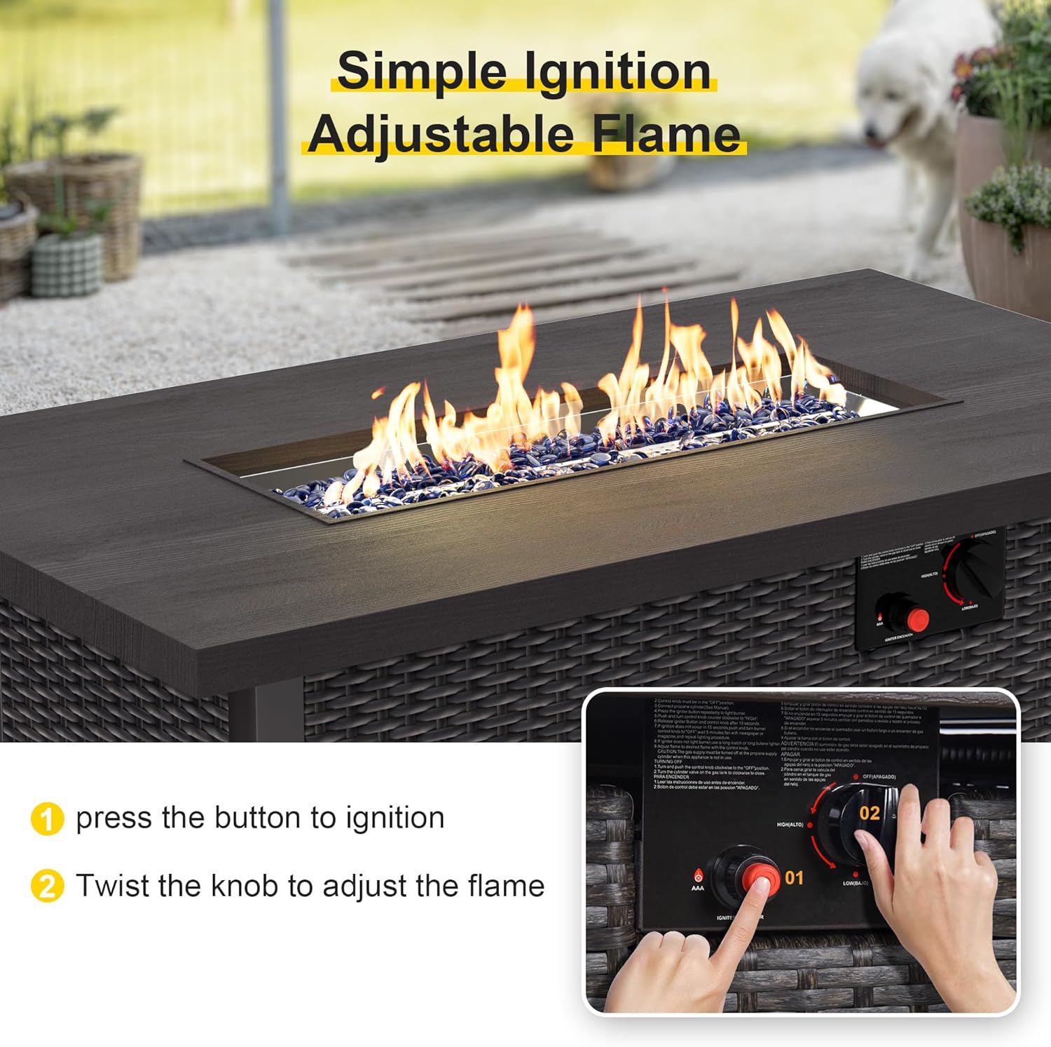 Fire Pit Table 42 Inch Outdoor Propane Gas Fire Pit for Outside 50,000 BTU Auto-Ignition Gas Firepit Outdoor Rattan Table