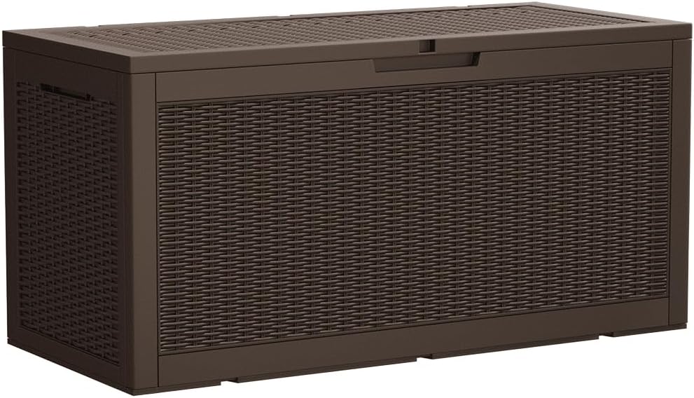 Devoko 95 Gallon Deck Box Large Resin Outdoor Storage Box, Waterproof and UV Resistant Lockable for Outdoor and Patio, Large Storage Cabinet for Patio Furniture, Garden Tools and Pool Supplies, Brown