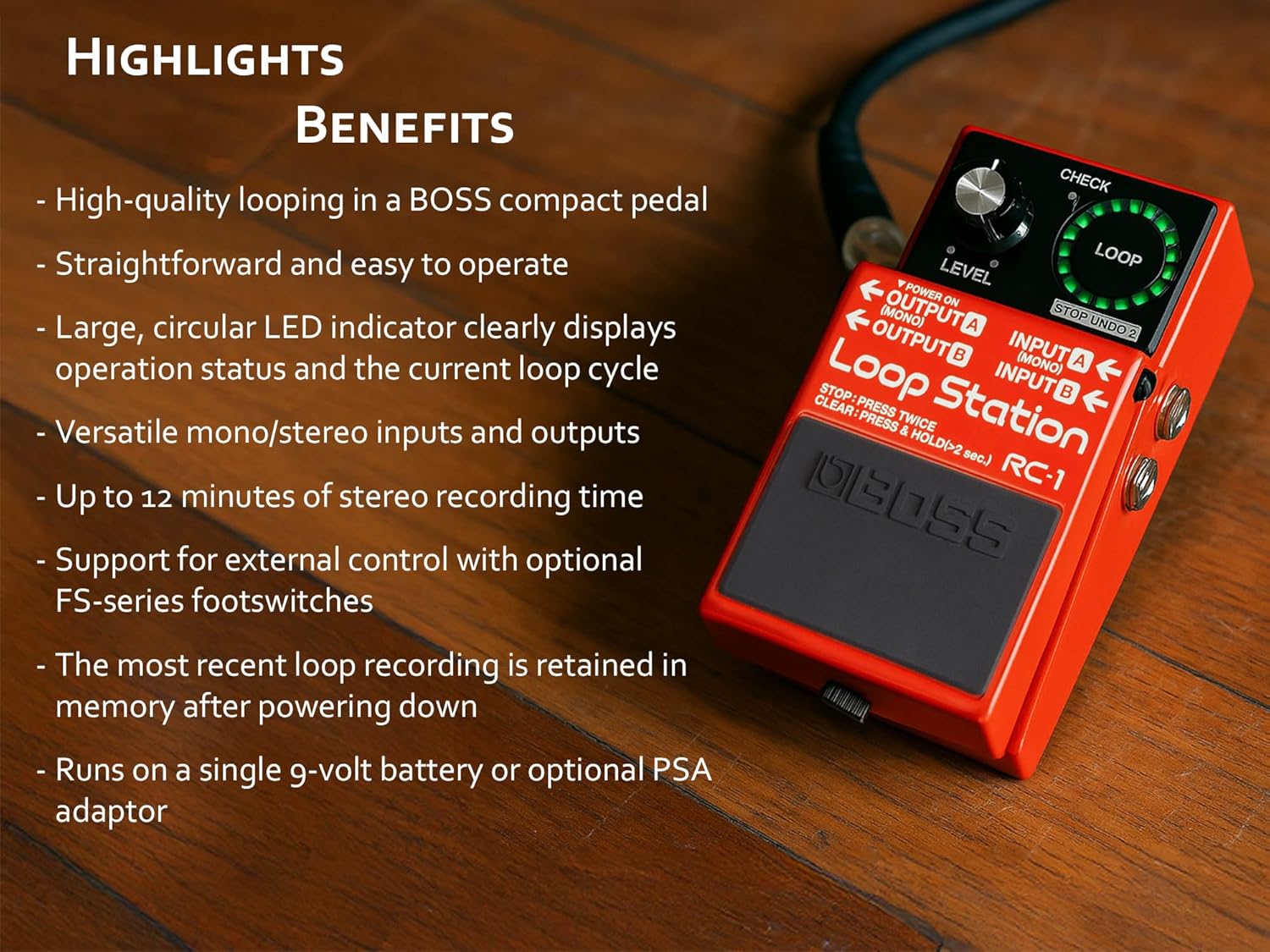 Boss RC-1 Loop Station Bundle with Gearlux Power Supply, Instrument Cable, Patch Cable, and Picks