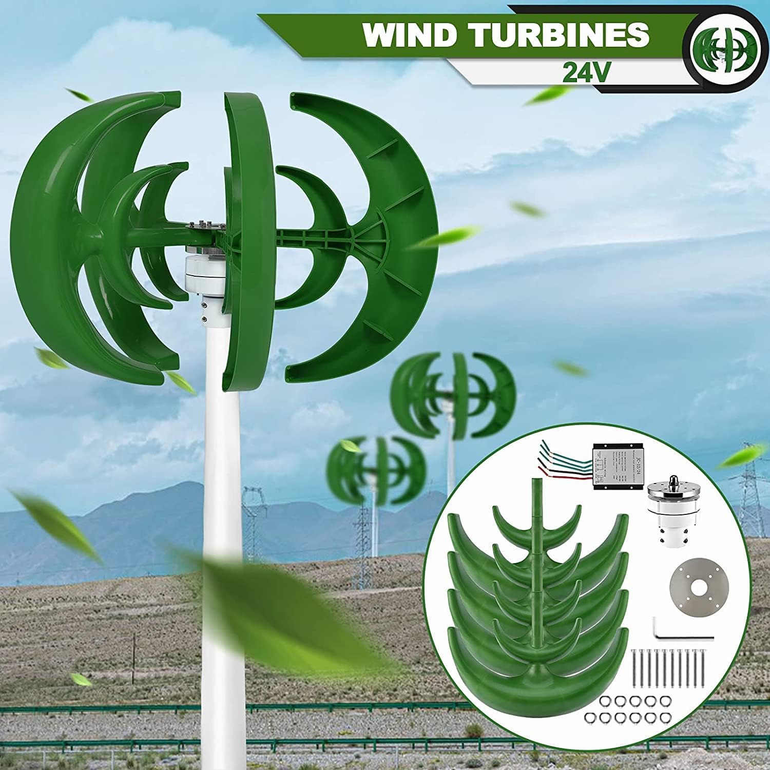 Wind Turbine 9000W 5 Blade Wind Vertical Axis Generator 3 Phase AC Permanent Magnet Generator Wind Generator Kit with Controller