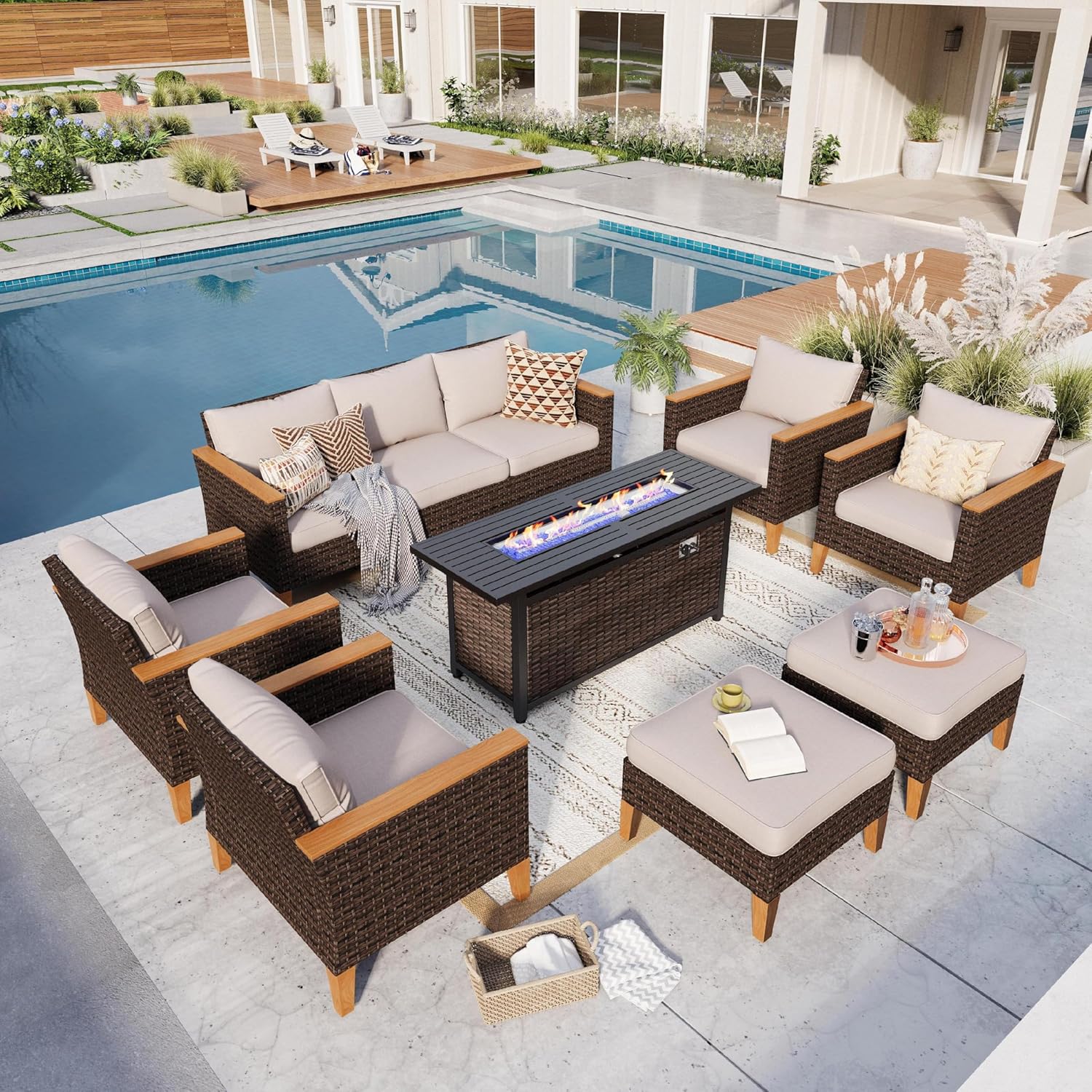 GREEN PARTY 9 Pieces Wicker Patio Furniture Set with 56