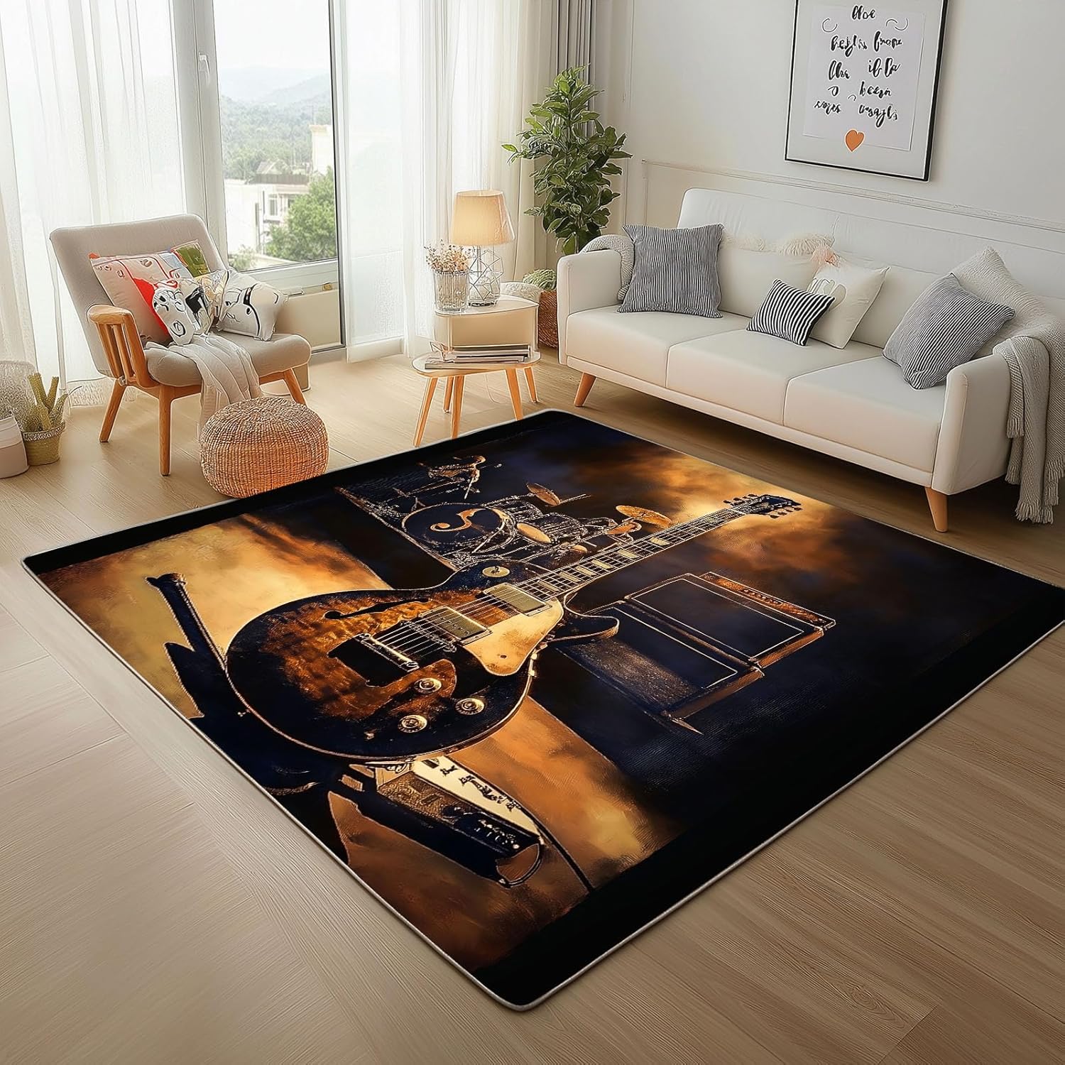 Vintage Music Rug for Living Room, Electric Guitar Drum Kit Rug for Bedroom, 4x5 Area Rugs, Rock Instrument Carpet, Office Dining Room Throw Rugs, Machine Washable, Non Slip, Low Pile