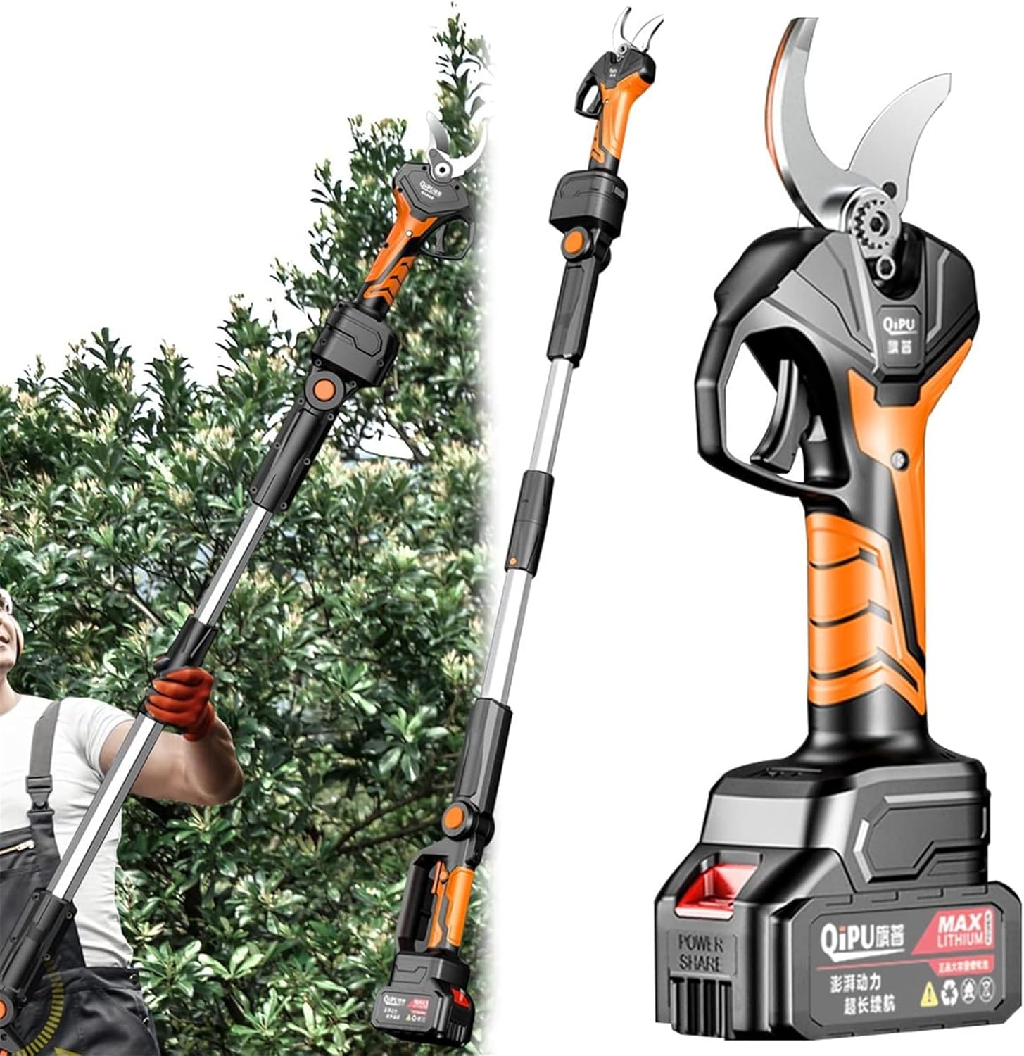Cordless Electric Pruning Shear with Telescopic Pole, Professional Gardening Power Pruner with 2 Rechargeable Lithium Battery, Max Cutting Diameter 40mm