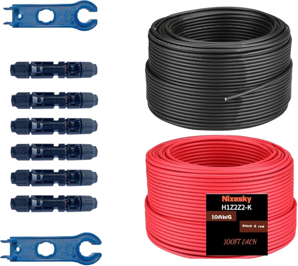 Solar Cable 100Ft 30M 10 awg Wire, 100FT Black + 100FT Red 10 Gauge Wire Solar Extension Cable Wire with 6 Pairs Solar Connectors for RV, Photovoltaic Systems (100, Black red)