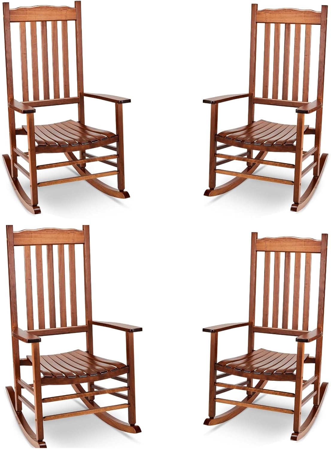 Outvita Outdoor Rocking Chair Set of 4, Solid Wood High Back Rocker, All Weather Lounge Chair for Porch Patio Fire Pit Garden Backyard Deck Indoor, Wave Shape, Natural